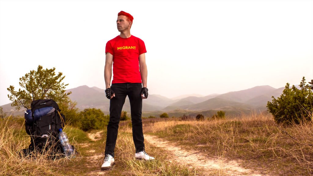 Rupert Jaeger somewhere near Skopje, Macedonia, in 2019. Part of the art project "Migrant Republic"